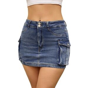 Women's Y2K Flap Pockets Button Bodycon Mini Cargo Denim Skirt Blue Large